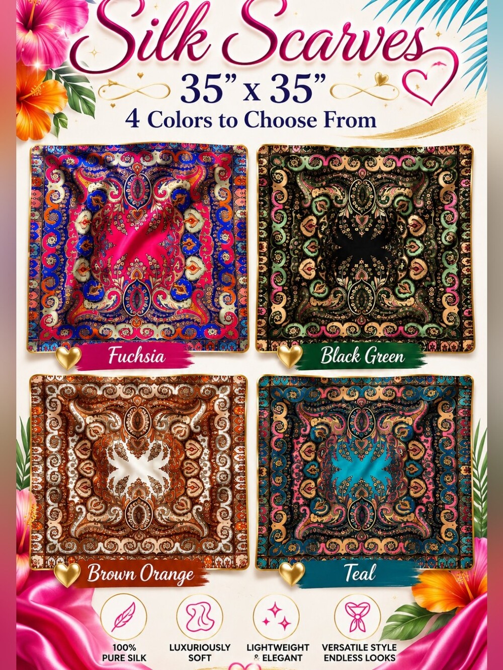 Silk Scarf —4 Colors To Choose- Fuchsia  Black, Teal, Brown